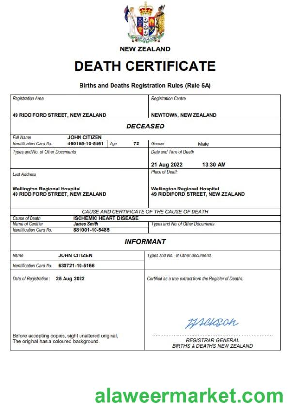 New Zealand death certificate Word and PDF template